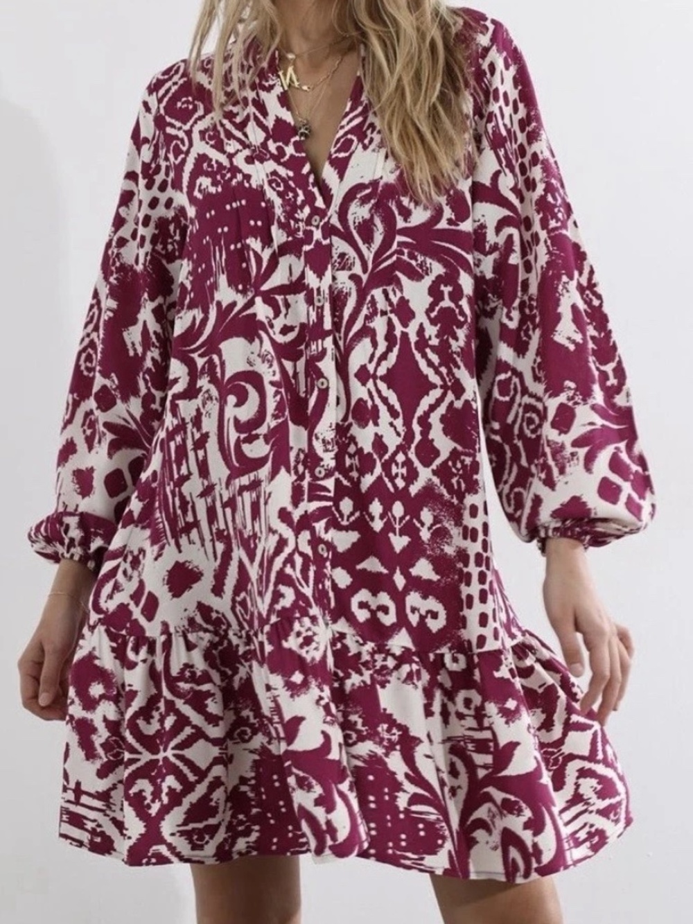 Zara Maroon and Cream Floral Button-Front Tunic 100% Viscose L